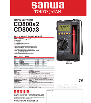 SANWA CD800a CD800a3 High-Precision Multi-Parameter Voltage Current Analyzer True RMS Auto Range CAT IV 600V CE Certified