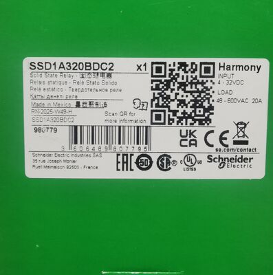 شنايدر إلكتريك SSD1A320BDC2 رلاي الحالة الصلبة SSR DIN Rail Mount 20A التيار الحالي 48-600V AC الخروج 4-32V DC التحكم