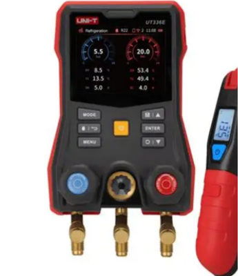 UNI-T UT336E KIT Digital Manifold Gauge with 2 Wireless Temperature Clamps and 3.5" HD Color Display for 162+ Refrigerants